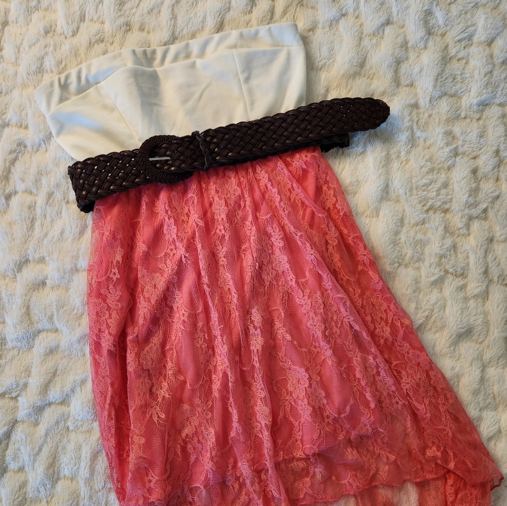 Floral Mesh Dress, Spring, Pink White with belt, Urban Rose